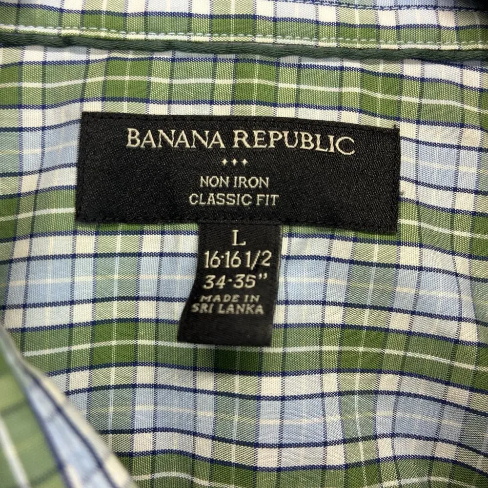 Banana Republic Men’s Dress Shirt Large Green Blue Plaid Non Iron Classic Fit